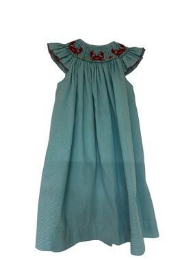 Be mine Teal Gingham Smocked Dress with Red Crab Embroidery